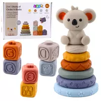 LEAN TOYS Sensoriniai edukaciniai blokeliai – minkštų guminių kaladėlių bokštas Koala 13 vnt.