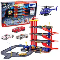 LEAN TOYS Daugiaaukštė automobilių stovėjimo aikštelė 4 lygiai su liftu, sraigtasparniu ir automobiliais 70 dalių