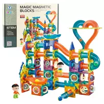 LEAN TOYS Magnetinių kaladėlių rinkinys su kamuoliuko trasa ir čiuožykla, 188 dalių