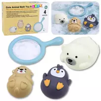 LEAN TOYS vonios žaislų rinkinys Žvejyba Guminiai gyvūnėliai Pastelinis sietelis 4 vnt.