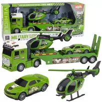 LEAN TOYS Military Set Karinis komplektas: sunkvežimis, vilkikas, džipas, sraigtasparnis su šviesomis ir garsu