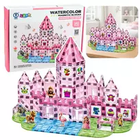 LEAN TOYS Magnetiniai blokeliai su figūrėlėmis, dažais ir kortelėmis piešimui Rožiniai 142 vnt.