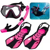 LEAN TOYS Snorkeling Set Fins Glasses Snorkel Black and Pink S/M