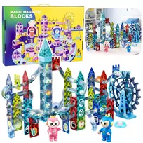 LEAN TOYS Magnetinių blokelių rinkinys su kamuoliukų trasa ir malūno ratu 118 dalių
