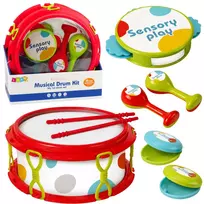 LEAN TOYS muzikos instrumentų rinkinys vaikams – būgnas, barškučiai, tamburinas, kastanjetės