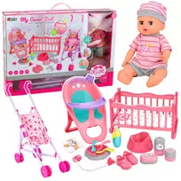 LEAN TOYS Interaktyvi lėlė kūdikis su šlapinimosi funkcija, vežimėliu ir lopšiu 3-in-1 rinkinys