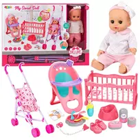 LEAN TOYS 3-in-1 interaktyvus kūdikio lėlės su šlapinimosi funkcija, lopšiu ir vežimėliu rinkinys