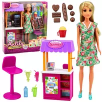 LEAN TOYS Anlily Lėlė Pardavėja su Gėrimų ir Užkandžių Stendu bei Aksesuarų Rinkiniu