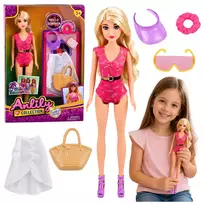 LEAN TOYS Anlily Lėlė Maudymosi Kostiumėliu, Paplūdimio Krepšiu ir Aksesuarų Rinkiniu