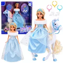 LEAN TOYS Anlily Lėlė Ant Balto Žirgo Princesė Mėlyna Suknele Aksesuarai
