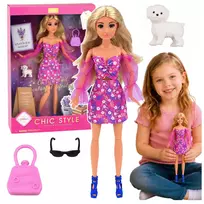 LEAN TOYS Anlily mados lėlė su rožine suknele, baltu šuneliu, rankine ir akiniais