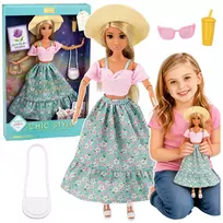 LEAN TOYS Anlily mados lėlė su sijonu, kepure, rankine, puodeliu ir aksesuarais