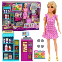 LEAN TOYS Anlily Lėlė su Prekybos Centro Kasos, Pirkinių Krepšelio ir Vežimėlio Aksesuarų Rinkiniu