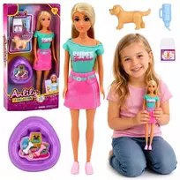 LEAN TOYS Anlily lėlė su šuniuku ir lova aksesuarų rinkinys