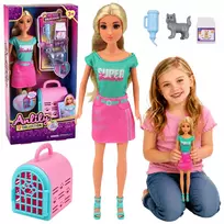 LEAN TOYS Anlily Lėlė su Gyvūnėlio Nešiojimo Krepšiu Katinėliu Pilka Aksesuarų Rinkinys