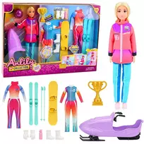 LEAN TOYS Anlily Lėlės Žiemos Sporto Rinkinys: Slides, Snieglentė, Motociklas