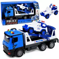 LEAN TOYS Policijos vilkikas su patruliniu automobiliu komplektas Garsas Šviesos Mėlyna