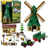 LEAN TOYS Ūkio rinkinys su traktoriumi, vėjo malūnu, tvartu, priekaba ir gyvūnų figūrėlėmis, 45 dalys