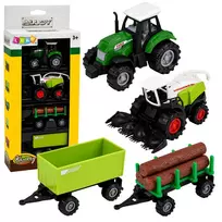 LEAN TOYS Žemės ūkio transporto priemonių rinkinys Traktorius Pašarinis kombainas Medienos priekaba 1:68 4 vnt.