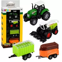 LEAN TOYS Žemės ūkio transporto priemonių rinkinys Traktorius, pašarų kombainas, priekabos 1:68 4 vnt.