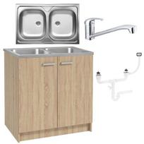 Virtuvės spintelė ąžuolas Sonoma 2 dubenų kriauklė pasukamas chromuotas maišytuvas sifonas 80 cm