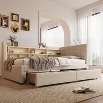 Daybed 90x200 cm, dienos lova, ištraukiama, 2 stalčiai, USB/Type-C, lentynos, lininis audinys, smėlio spalva