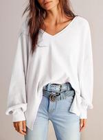 Moteriška palaidinė tunika V-neck megzta Oversize patogi proginė balta L — vafliuko palaidinė, elegantiški moteriški drabužiai, laisvi moteriški marškiniai, darbo palaidinė, megztas moteriškas megztinis, madingi oversize drabužiai, L