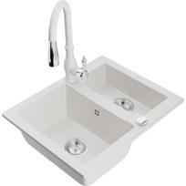 Mexen Carlos granito kriauklė 1,5 kamerų su virtuvės maišytuvu Savita, balta - 6518-20-672601-20, 582x475x177 mm