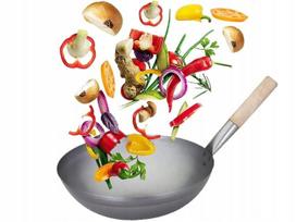 Plieninė kiniška wok keptuvė, 30 cm, medinė rankena, apvalus dugnas