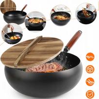 Ketaus wok keptuvė 28 cm su mediniu dangčiu, tinka indukcinėms ir keraminėms viryklėms