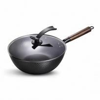 Ketaus wok keptuvė su dangčiu, rankų darbo, kasdieniam maisto ruošimui