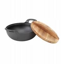 Lietaus ketaus wok keptuvė 20 cm su mediniu dangčiu