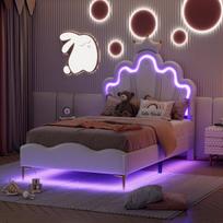90x190 cm vaikiška lova mergaitėms su grotelių pagrindu, princesės lova su LED apšvietimu ir reguliuojamu galvūgaliu, viengulė lova vaikams ir paaugliams, rožinė PU oda
