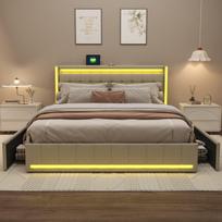 Minkšta dvigulė lova 180×200 cm su LED apšvietimu, 4 stalčiais ir USB įkrovimu – lino audinio lova su galvūgaliu, smėlio spalva