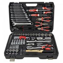 Galvutės 4-32mm 1/4", 1/2" su trašk,+ raktai 8-17mm + replės + plaktukas 122vnt, AW-TOOLS