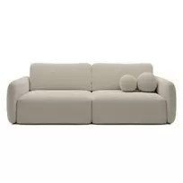 Šviesiai smėlio spalvos „Botse“ išskleidžiama sofa su daiktų laikymo dėže, apvalūs kontūrai, bouclé audinys