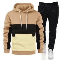 Autumn And Winter European And American Stitching Color Men's Hoodie Sweater Loose Casual Men's Sweater Suit L smėlis