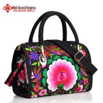 Ethnic Embroidered Drum-Shape Tote & Crossbody Canvas Bag black