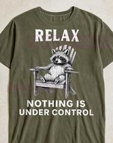 Relax Nothing Is Under Control T-Shirt, Raccoon Chair Quote Tee, Vintage PNG Design, Humorous Raccoon Lover Gift, Sarcastic Tee XL