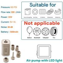 1300mAh Mini Electric Air Pump with LED Camping Light, 4.5KPa Cordless Inflator Deflator for Air Mattress Vacuum Bag Pool Floats chaki