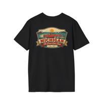 Michigan Great Lakes T-Shirt | Vintage Mid-Century Travel Luggage Tag Tee | Great Lakes State Souvenir | MI Road Trip Gift 4XL