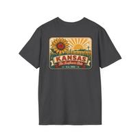 Kansas Retro Travel Badge T-Shirt | Vintage Mid-Century Sunflower Tee | KS Sunflower State Souvenir Road Trip Gift 3XL