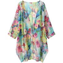 Women's Floral Print Sheer Chiffon Loose Kimono Cardigan Capes Sun S