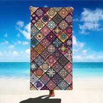 Bohemian Mandala Print Beach Towel, Colorful Teal & Pink Ethnic Pattern Towel for Summer Beach & Pool 50x100cm