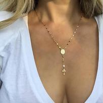 Aoran 18K paauksuotas nerūdijančio plieno grandinėlė megztiniui Kalėdų Senelio Kryžiaus dvigubas pakabukas Unisex Minimalistinis Pave nustatymo karoliai 18inches&Necklace beige