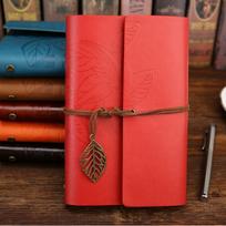 Korean Retro A5 Ring Binder Imitation Leather Notebook Journal with Autumn Leaves Design A6 Ring Binder (Red,A7) raudona