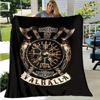 Norse Viking Valhalla Blanket Featuring Crossed Axes & Vegvisir Design, Stylish Cozy Throw Blanket for Home, Soft Warm Bed Sofa Size: 75*100cm, Weight: 230 GSM
