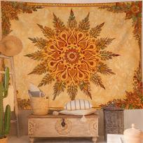 Bohemian Mandala Floral Tapestry  Flat Printed Large Retro Indian Style Orange Yellow Flower Wall Hanging for Bedroom Dorm 100X70CM