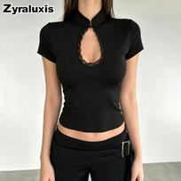 Dark Style Sexy Slim Fit Waterdrop Neck Short Sleeve T-Shirt for Women with Cutout Design Casual Top S juoda