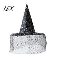 Stage Performance Headgear Halloween Star Witch Hat, Mesh Veil Rose Feather Cone Hat Gothic Theme Party Supplies for Women, Costume Headwear, A